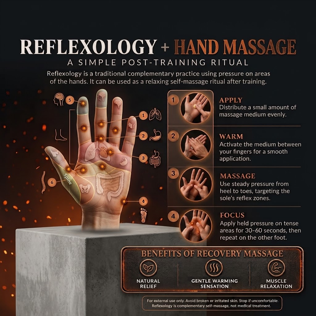 Reflexology and hand massage diagram: a hand reflexology map with a simple four step ritual after training