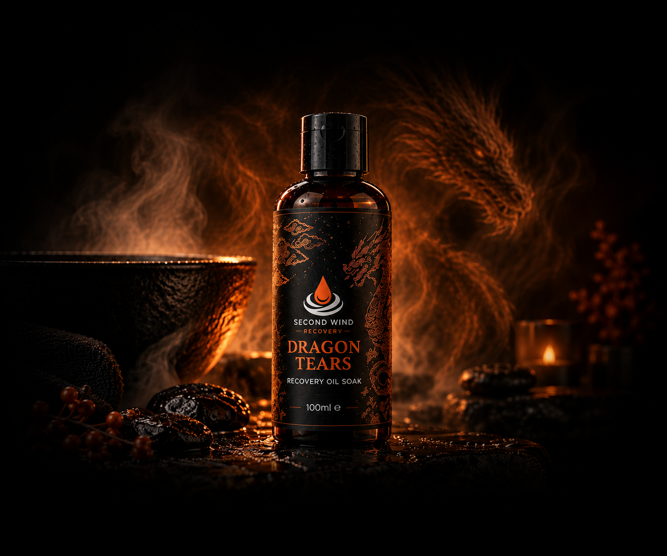 Dragon Tears recovery oil soak bottle surrounded by steam and candlelight