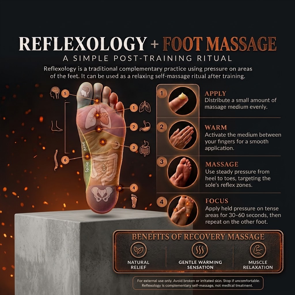 Reflexology and foot massage diagram: a foot reflexology map with a simple four step ritual after training